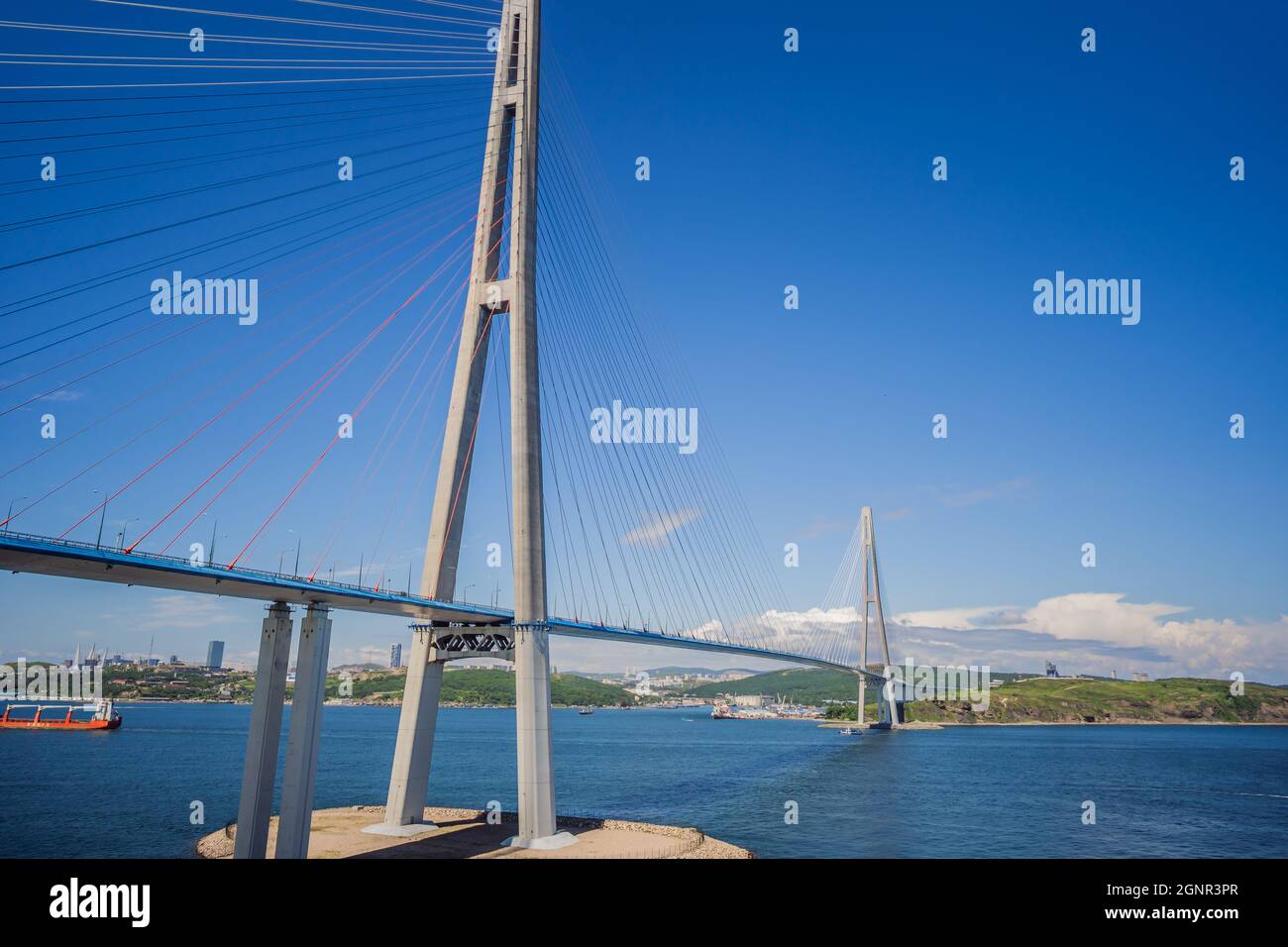 Cable-stayed bridge to Russian Island. Vladivostok. Russia. Vladivostok is the largest port on Russia's Pacific coast and the center of APEC Forum Stock Photo
