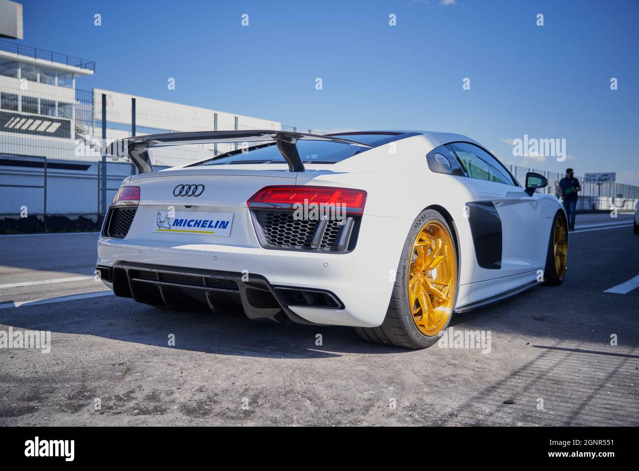 MADRID, SPAIN - Apr 16, 2021: The Audi R8 with gold rims stopped in the ...