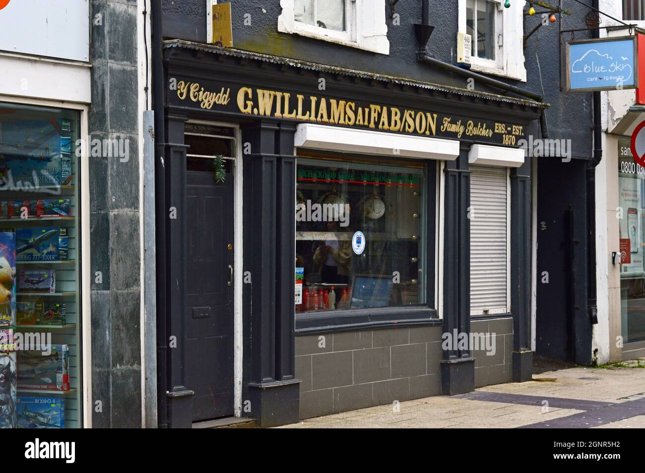BANGOR, GWYNEDD.WALES. 06-26-21. Hight Street in the town centre. G. Willaims family butchers shop. Stock Photo