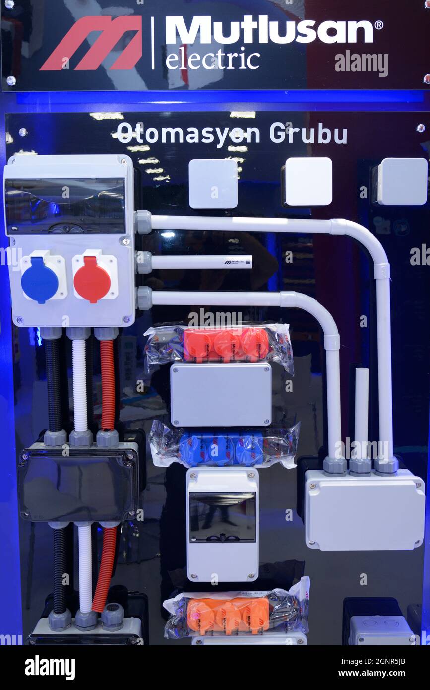 Electrical panel equipment et on stand. Made by Mutlusan electric, Turkey. September 15, 2021
