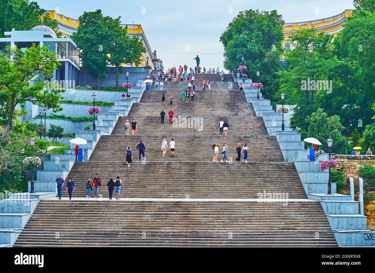 ODESSA, UKRAINE - June 18, 2021: The monumental historic Potemkin Stairs and the bronze monument to Duc de Richelieu on the top, on June 18 in Odessa Stock Photo