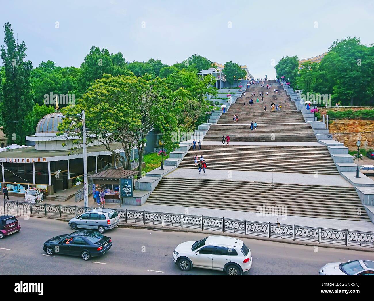 ODESSA, UKRAINE - June 19, 2021: The famous Potemkin Stairs, connecting Primorsky Boulevard with Odessa Sea Port, on June 19 in Odessa Stock Photo