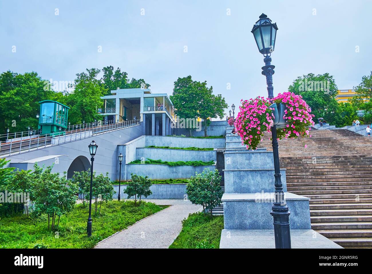 Potemkin Stairs, retro cabins of Odessa Funicular and Primorsky Boulevard are among the main city landmarks and attractions, neighboring one another, Stock Photo