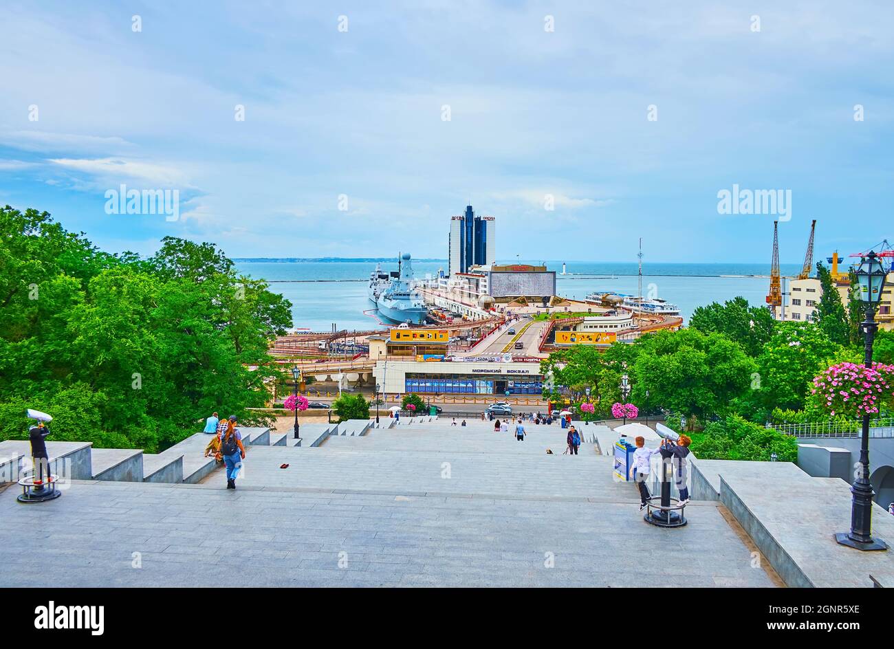 ODESSA, UKRAINE - June 18, 2021: The view of the Black Sea coast and Odessa Sea Port from the top of historic Potemkin Stairs, on June 18 in Odessa Stock Photo
