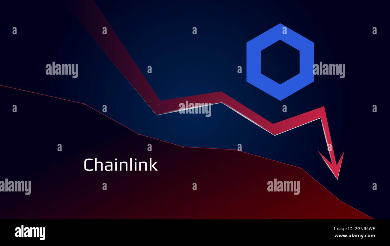 Chainlink LINK in downtrend and price falls down. Crypto coin symbol and red down arrow. Uniswap crushed and fell down. Cryptocurrency trading crisis Stock Vector
