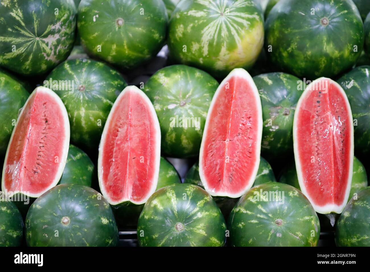 A stack of watermelons at the fruit and vegetable market in Dubai