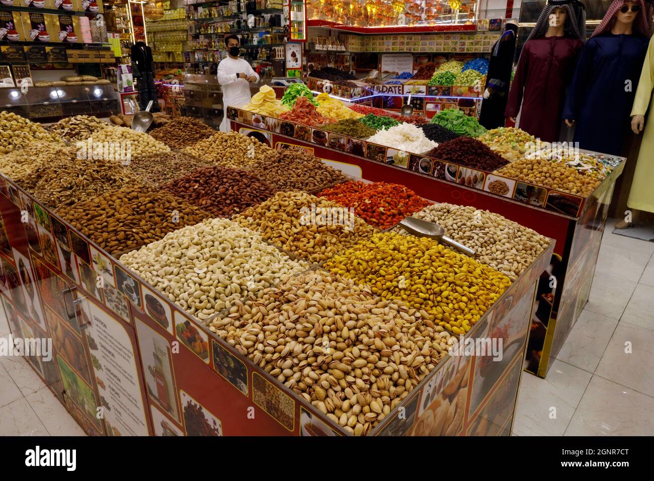 Arabian nuts,seeds and dried fruit on display in a shop in the spice