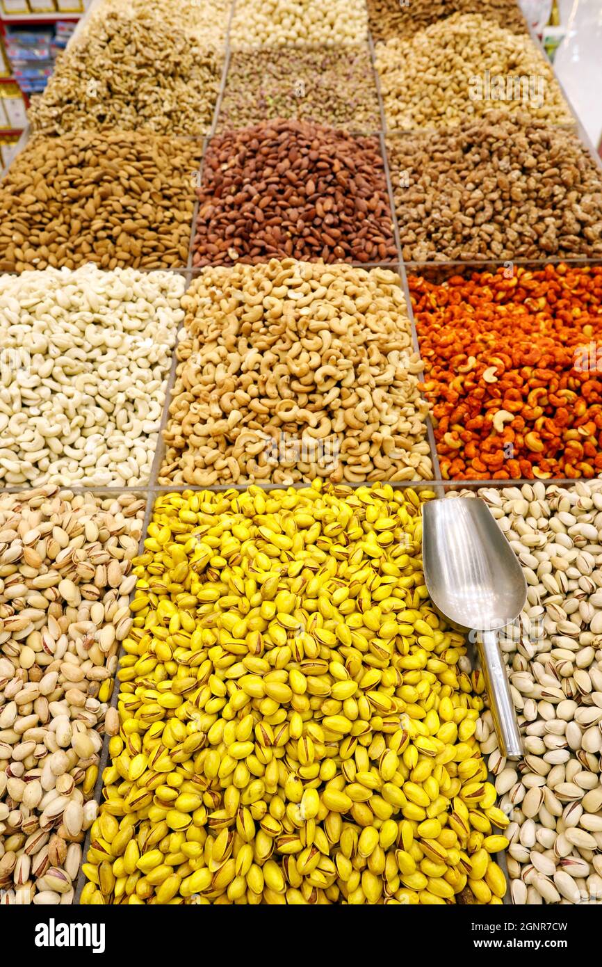 Arabian nuts,seeds and dried fruit on display in a shop in the spice souk in Deira. Dubai