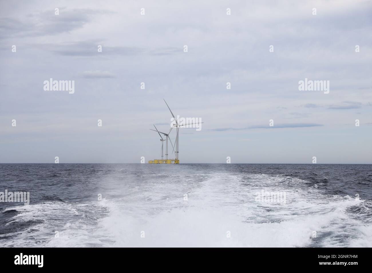 Turbines of the WindFloat Atlantic Project, a floating offshore wind-power  generating platform, are seen 20 kilometers off the coast in Viana do  Castelo, Portugal, September 23, 2021. Picture taken September 23, 2021.
