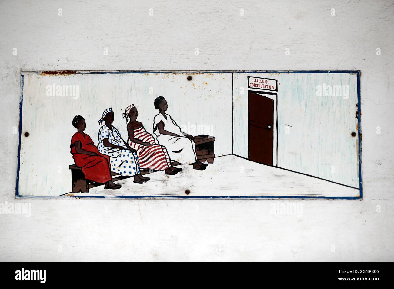African hospital. Maternity ward. Waiting room sign.  Benin. Stock Photo