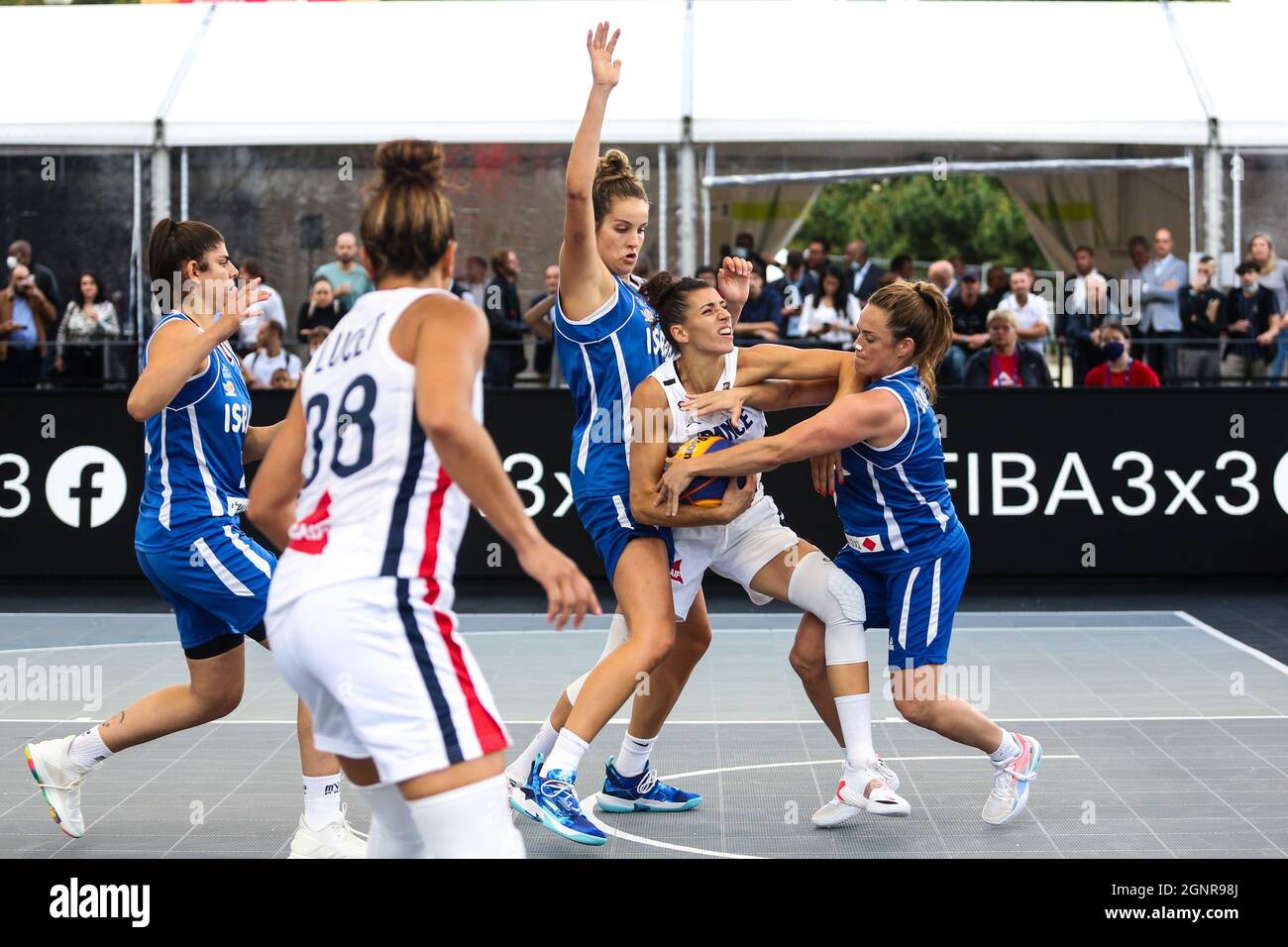 Paris, France. 10th Sep, 2021. Laetitia Guapo (France), Courtney Douglass (Israel) and Alexandra Cohen (Israel) in action during the FIBA 3x3 Europe Cup 2021 in Paris. (Photo by Elena Vizzoca/Pacific Press/Sipa USA) Credit: Sipa USA/Alamy Live News Stock Photo