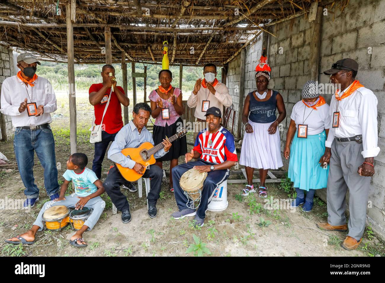 Group of Afro-Ecuadorians supported by a German NGO playing music and dancing in Valle del Chota, Ecuador Stock Photo