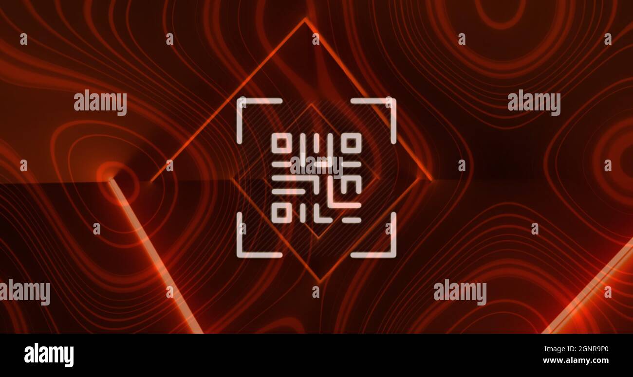QR code scanner with neon elements against topography Stock Photo