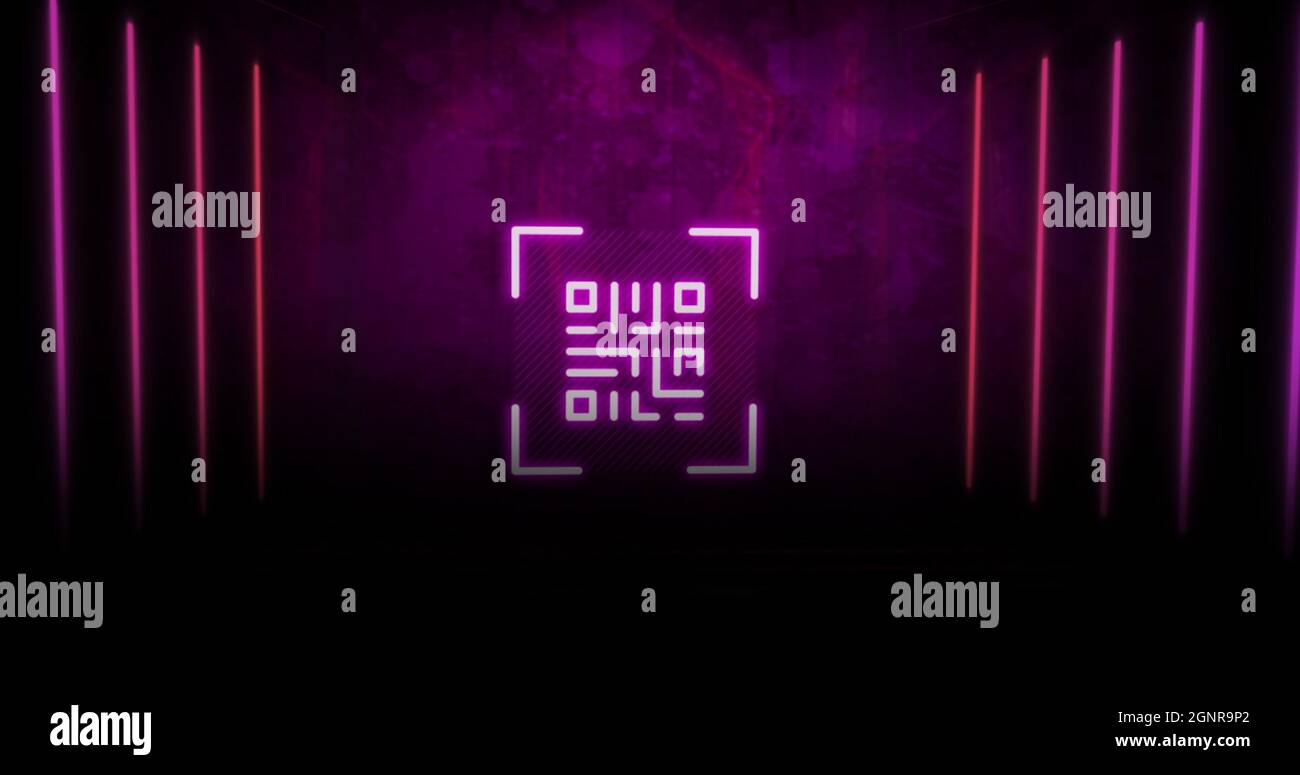 QR code scanner with neon elements against distressed background Stock Photo