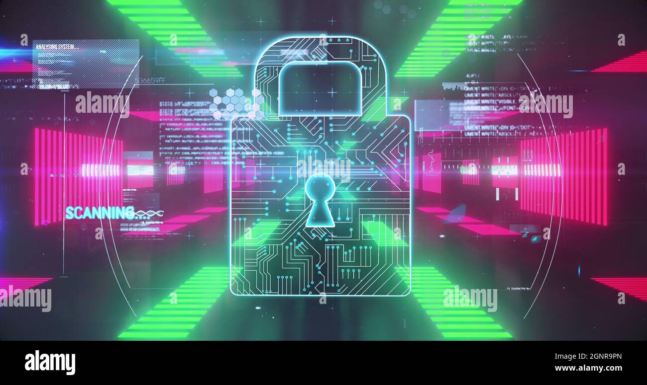 Security padlock icon and data processing against glowing tunnel Stock ...