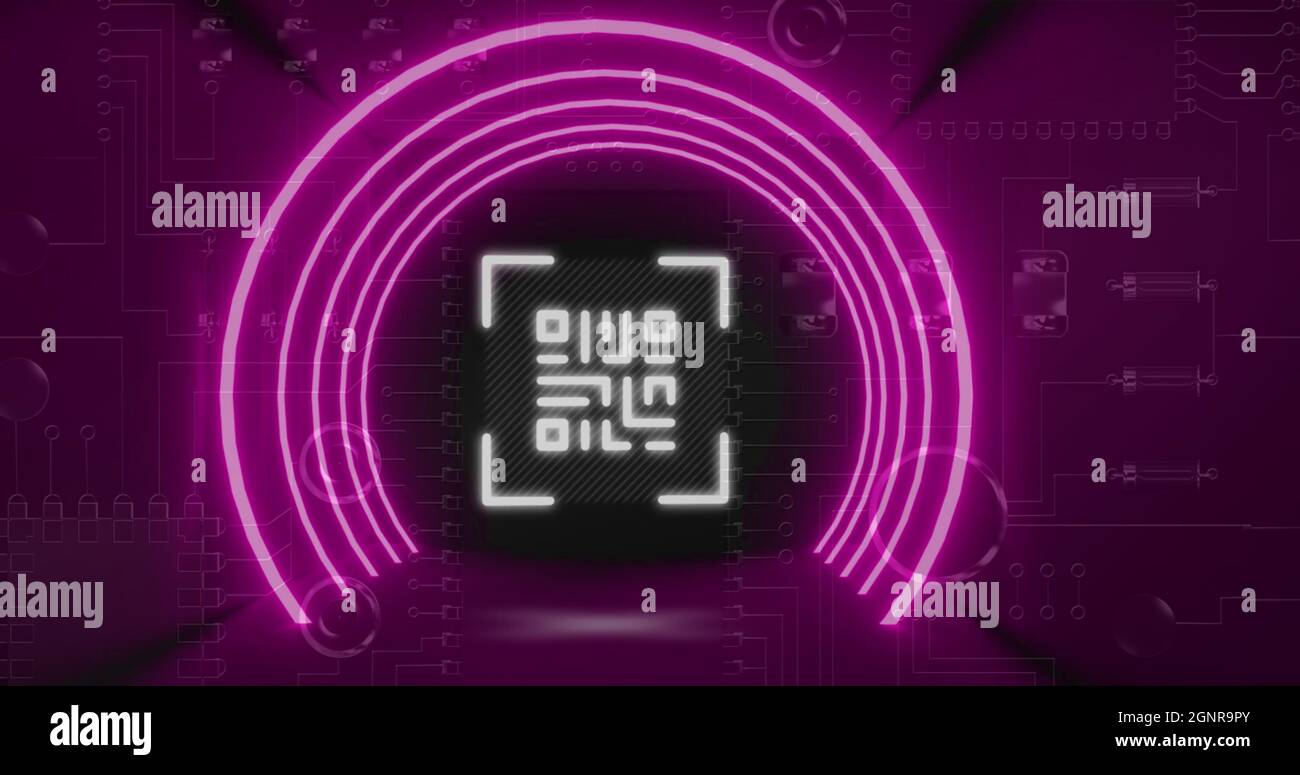 QR code scanner with neon elements against close up of computer server Stock Photo
