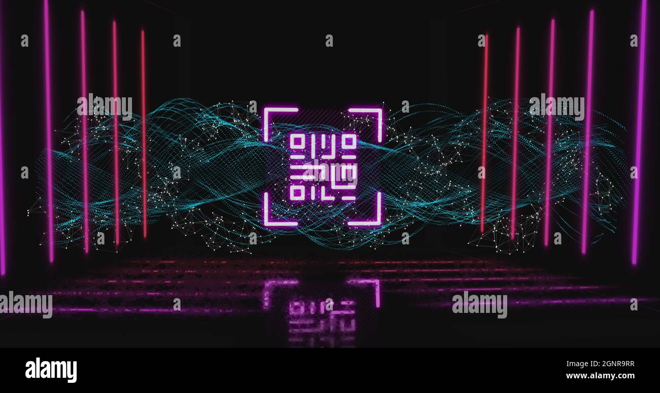 QR code scanner with neon elements against digital wave Stock Photo
