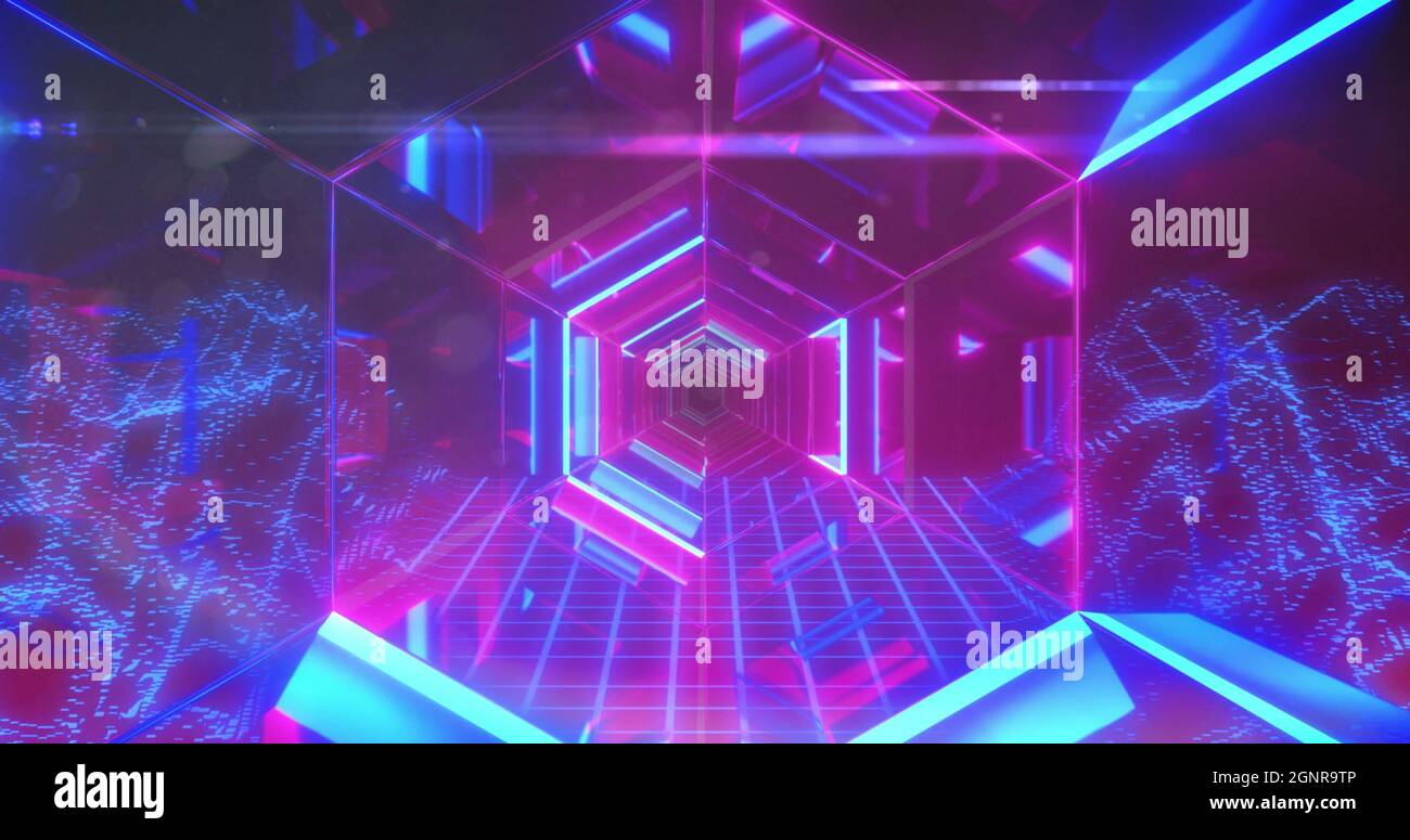 Futuristic neon lit pink and blue hexagonal passageway with blue grid ...