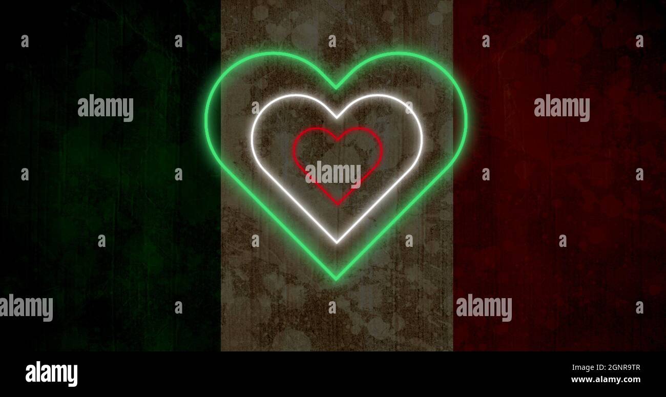 Image of red white and green concentric neon hearts flashing on italian flag background Stock Photo