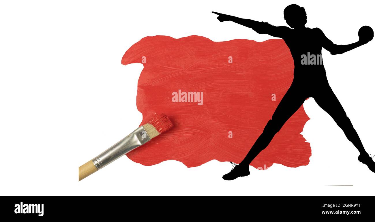 Silhouette of female handball player against red paint stain and paint brush on white background Stock Photo