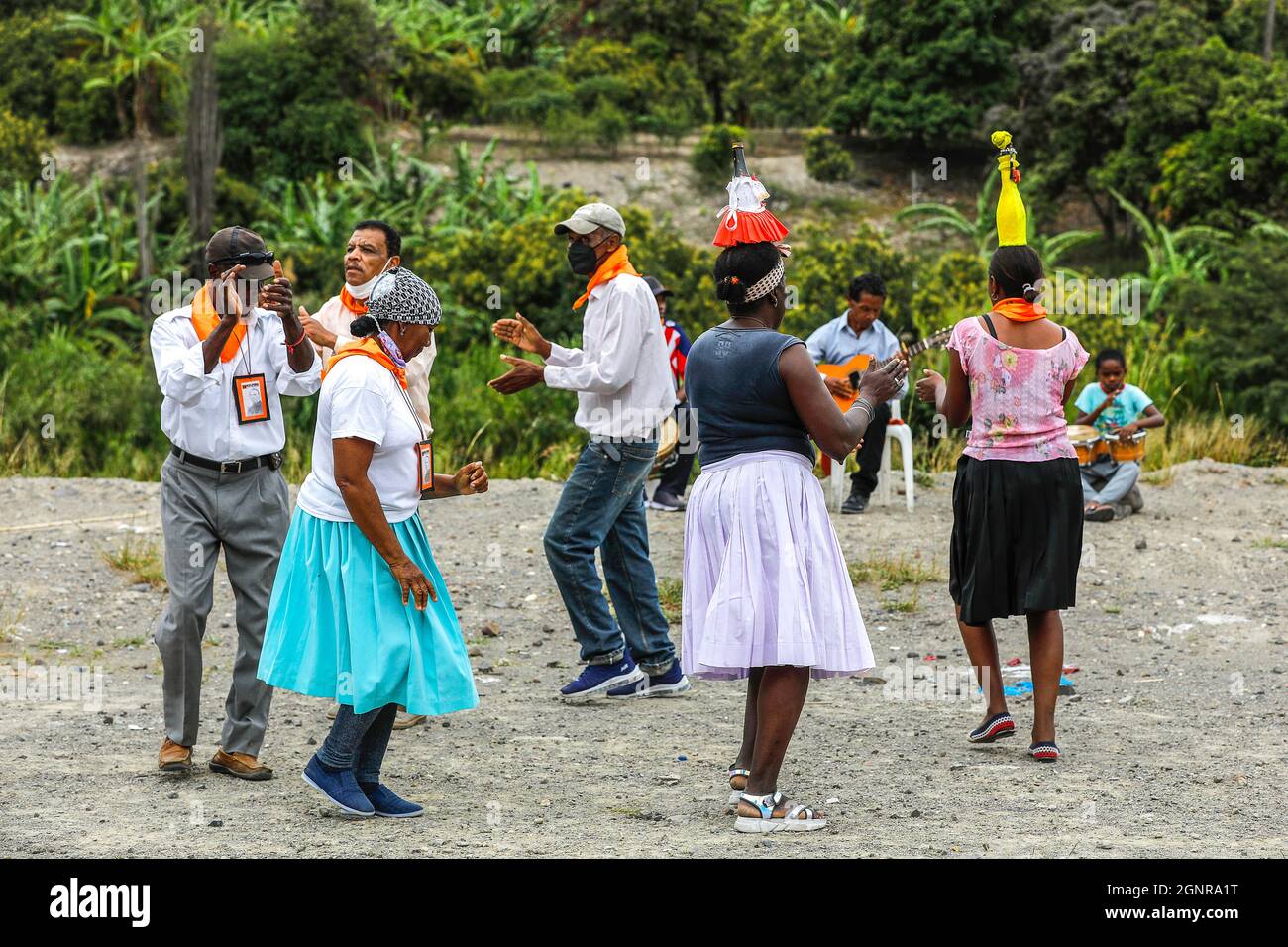 Afro-Ecuadorian group playing music and dancing in Valle del Chota, Ecuador Stock Photo