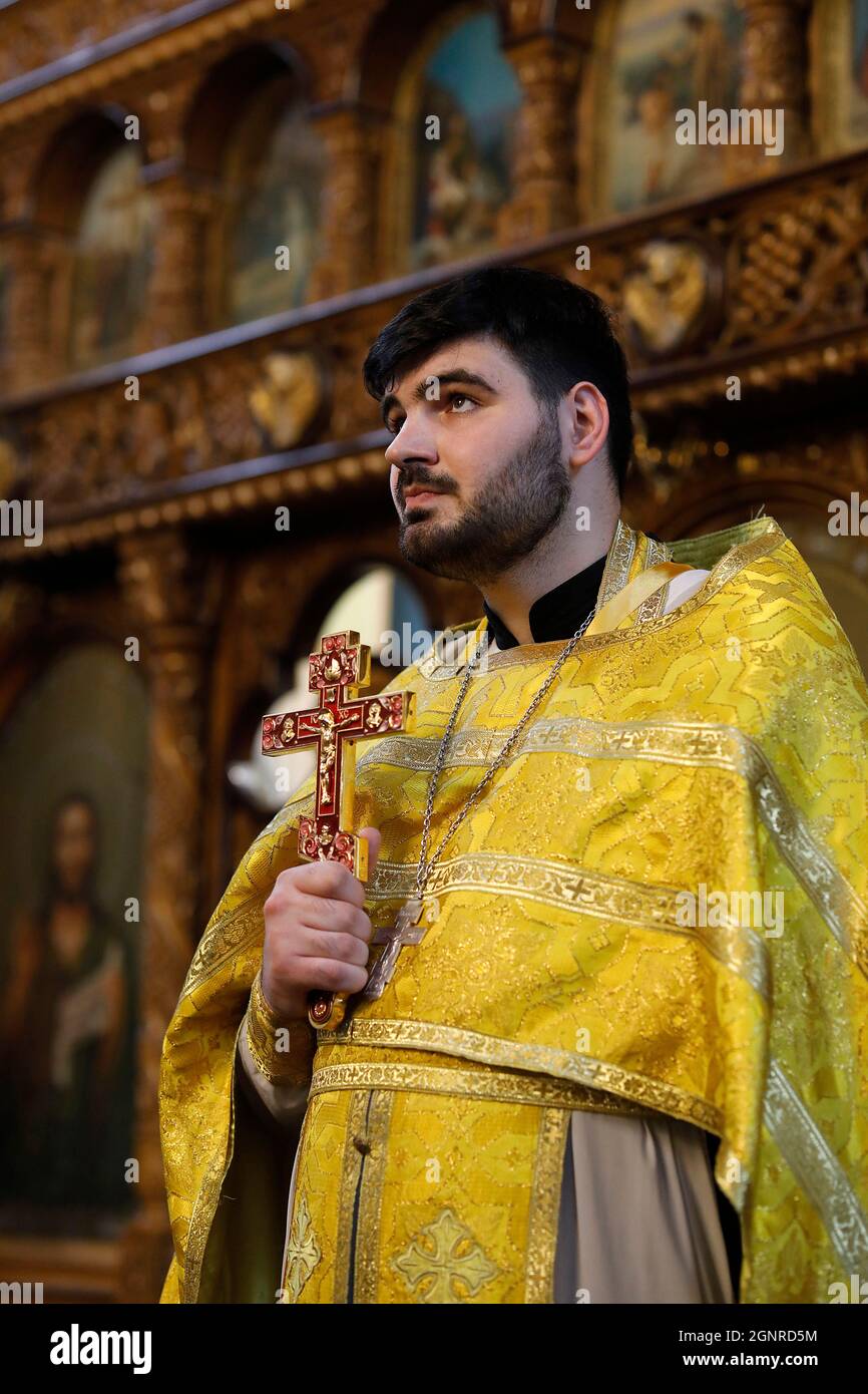 Orthodox mass in Transfiguration church, Chisinau, Moldova Stock Photo