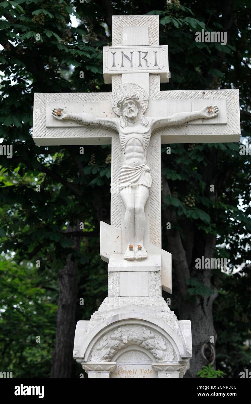 Cross in Transfiguration church garden, Chisinau, Moldova Stock Photo
