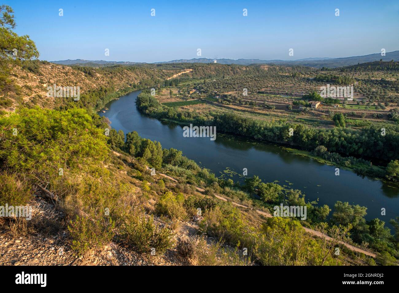 Meander of the river Ebro as it passes through Flix Ribera de Ebro Tarragona Catalonia Spain  The Meander of Flix is one of the most spectacular of th Stock Photo