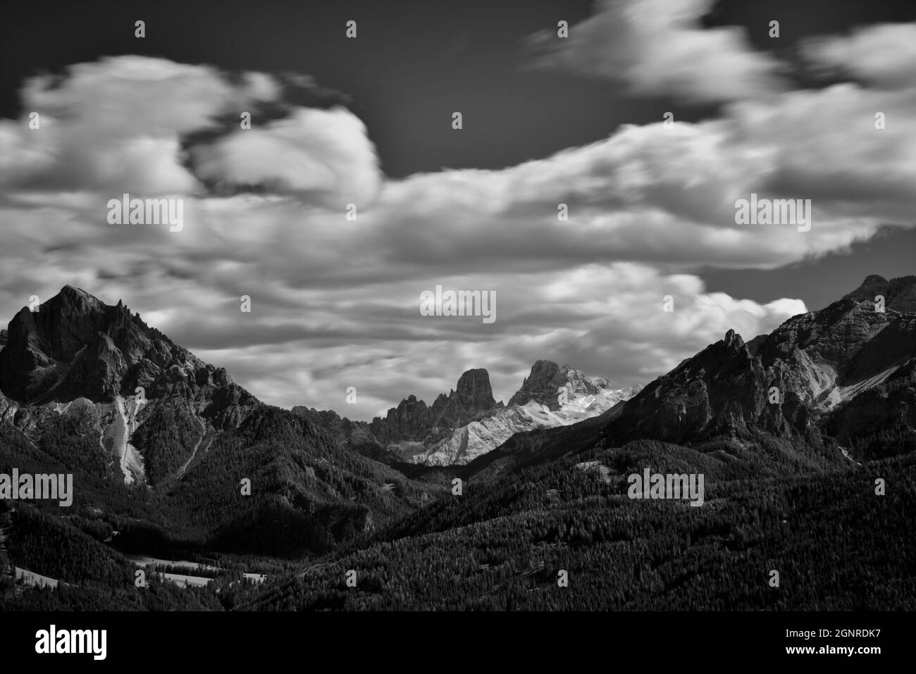 The beauty of the Dolomites in a black and white photograph, the Cristallo group in the center. Infrared photo Stock Photo