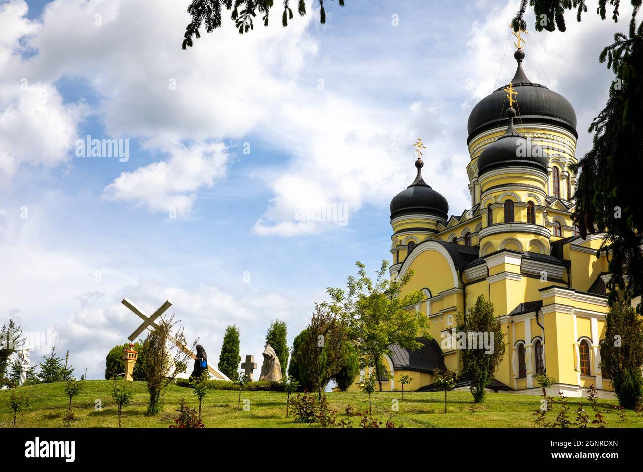 Hancu monastery garden and church, Moldova Stock Photo