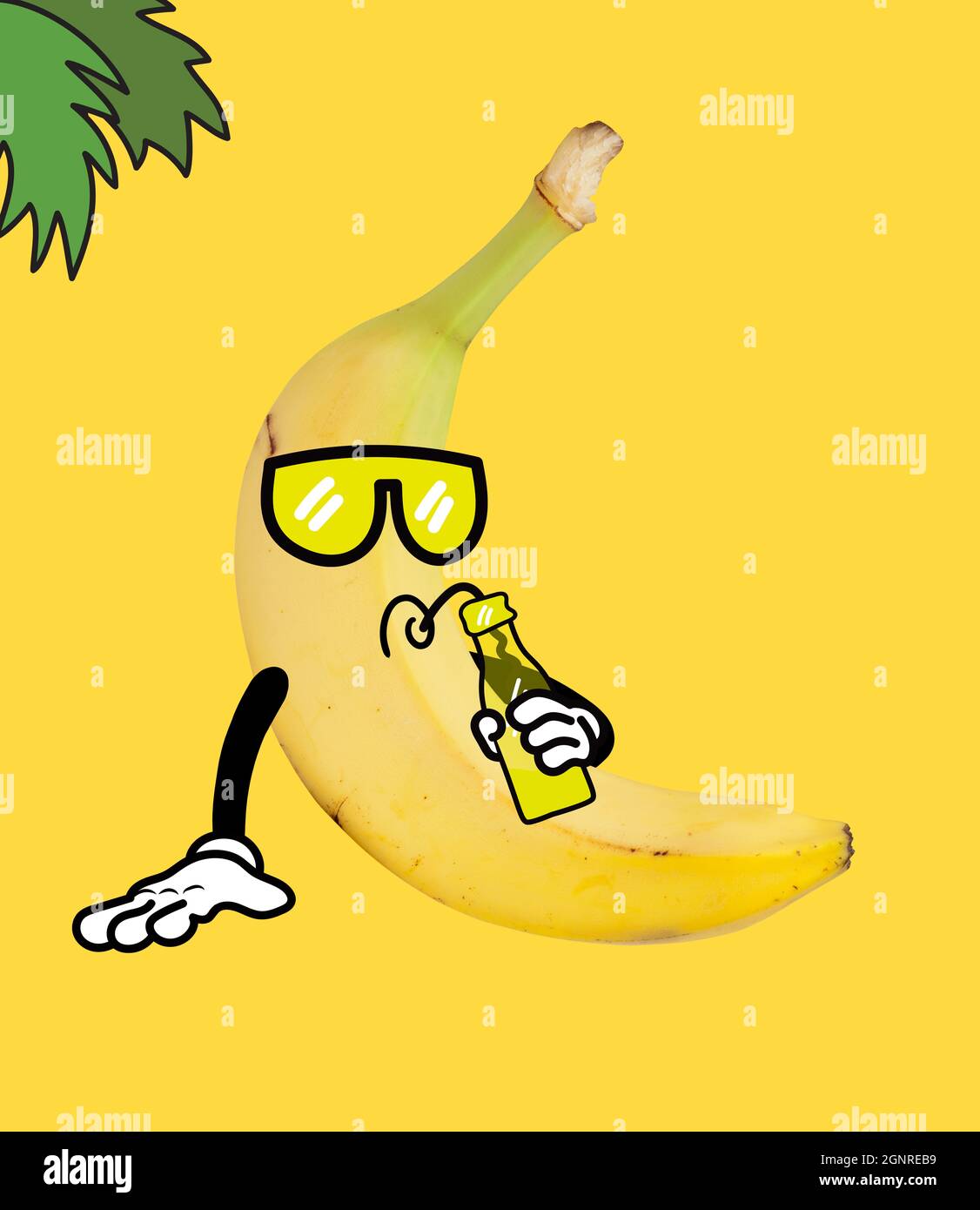 Funny cartoony banana drinking lemonade at summer vacation isolated