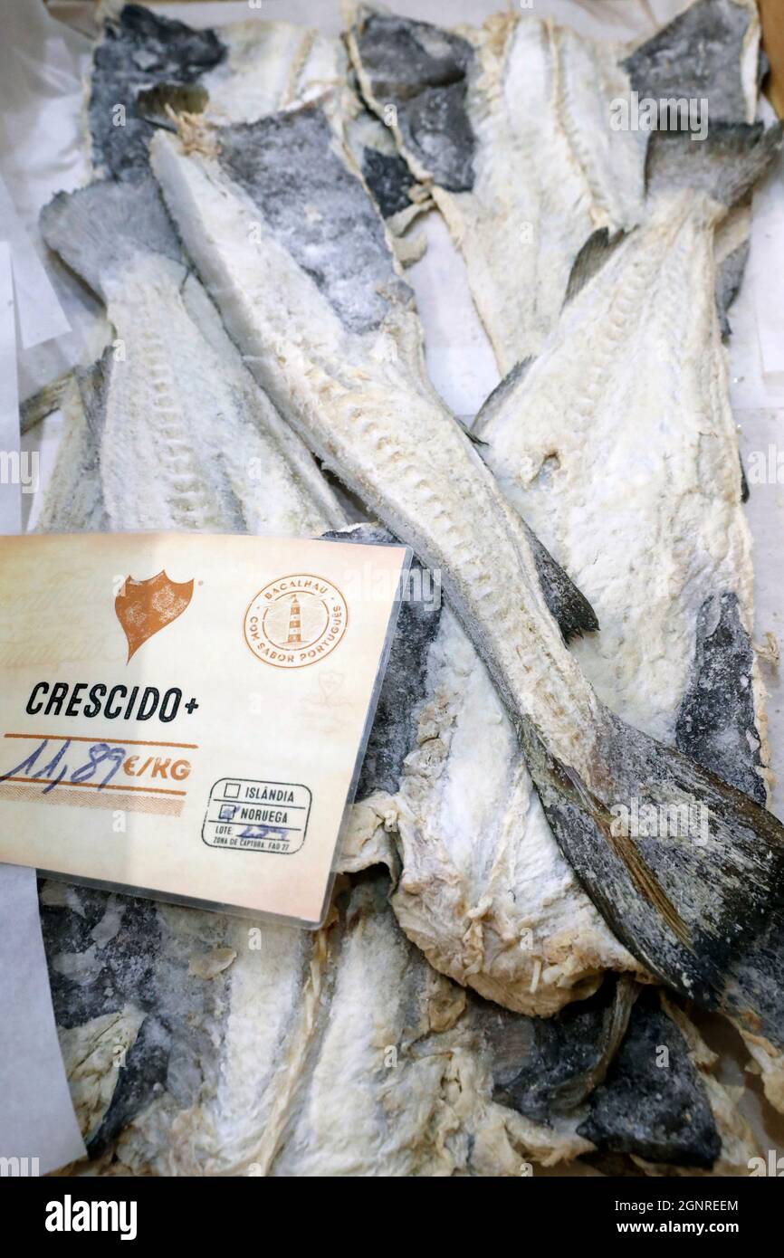 Bacalao, dried salted cod fish on sale at stall. Portugal Stock Photo
