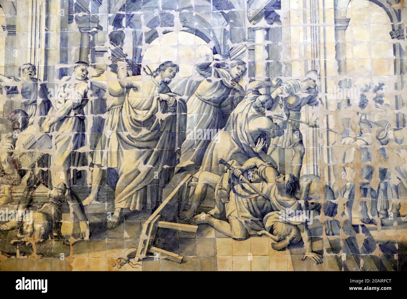 Church of Mercy.  Azulejos. The cleansing of the Temple narrative. Jesus. Evora. Portugal. Stock Photo