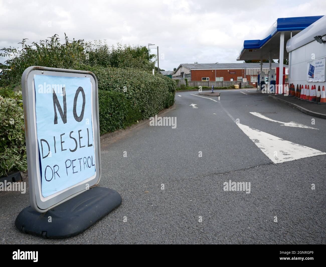 Fuel crisis UK. Panic buying and shortage of HGV drivers for deliveries causes petrol stations to run out of diesel and petrol fuels. Stock Photo
