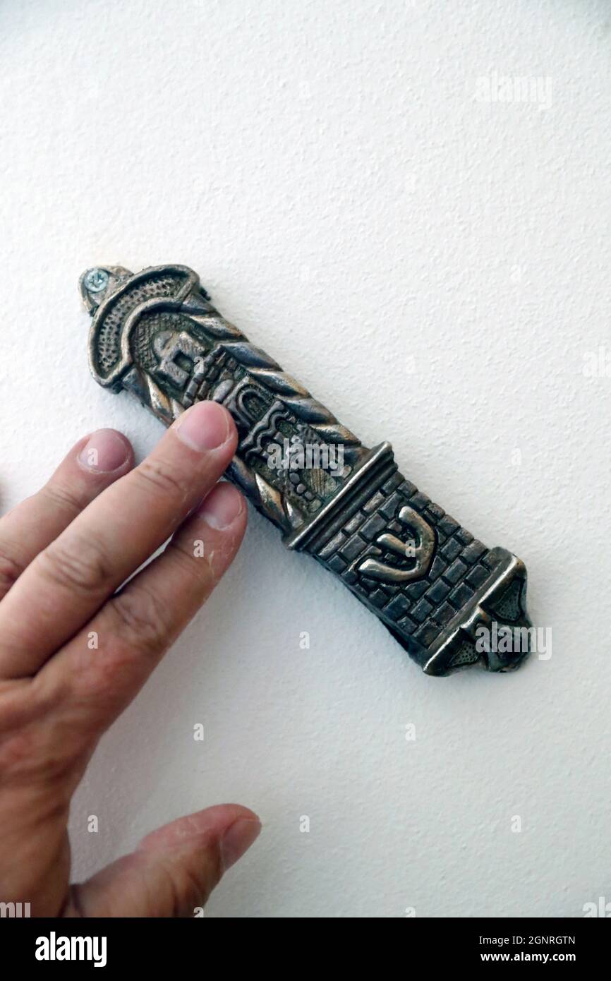 Tomar Synagogue. Mezuzah is a piece of parchment inscribed with specified Hebrew verses from the