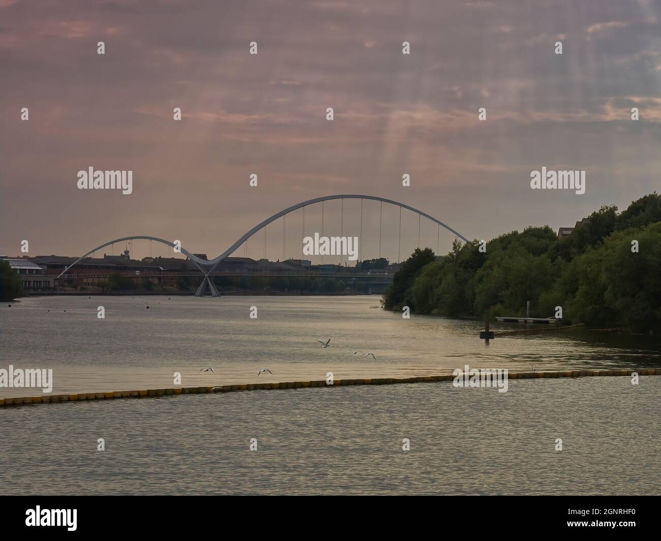 The Infinity Bridge at the Tees Barrage at sun set, with “god-light” cloudbursts of sunlight through rosy clouds and gulls skimming the water. Stock Photo