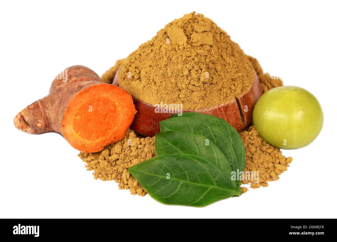 Raw turmeric, amla with henna powder and henna leaves over white