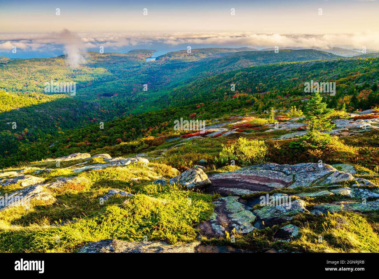 Fog in rising from the sea and the valleys as seen from the top of Cadillac Mountain in Acadia National Park Stock Photo
