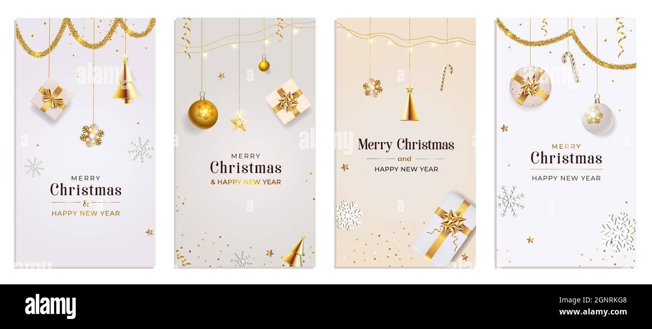 Christmas Template for social media stories. Story Xmas background with realistic gift boxes, white and gold color balls. Vertical New Year banner, po Stock Vector