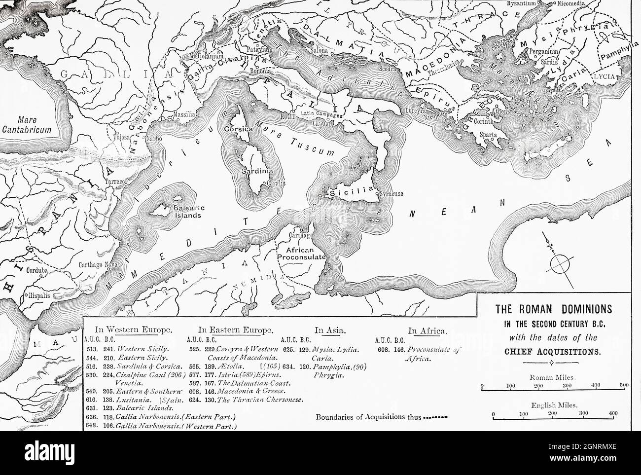 Map of the Roman Dominions in the 2nd century BC, with the dates of the chief aquisitions.  From Cassell's Illustrated Universal History, published 1883. Stock Photo