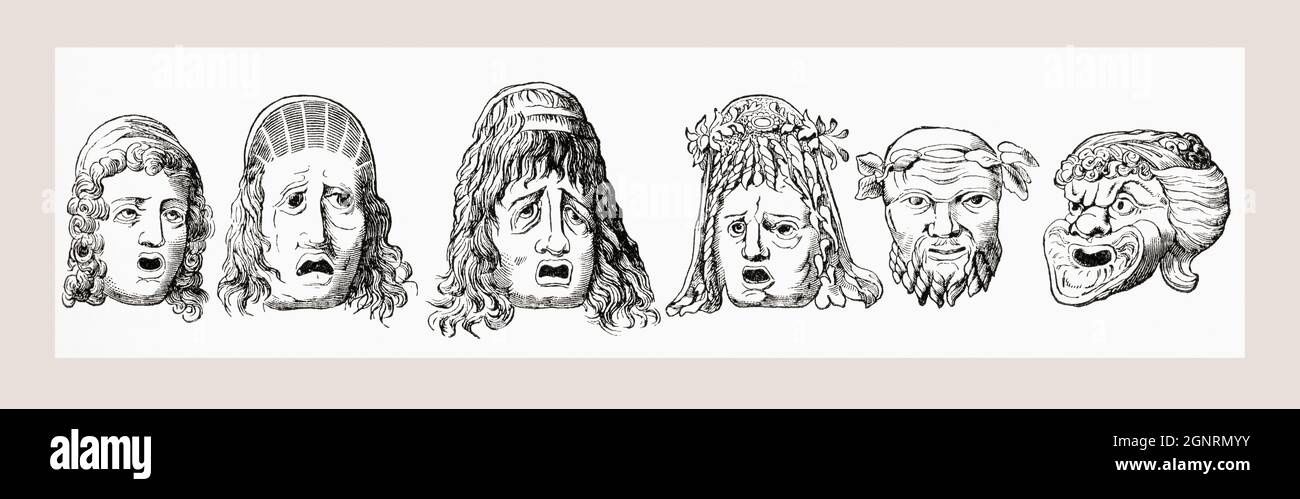 Roman theatrical masks.  The masks were quite large and covered the actor's entire head, they were also colour coded, brown for men and white for women.  From Cassell's Illustrated Universal History, published 1883. Stock Photo
