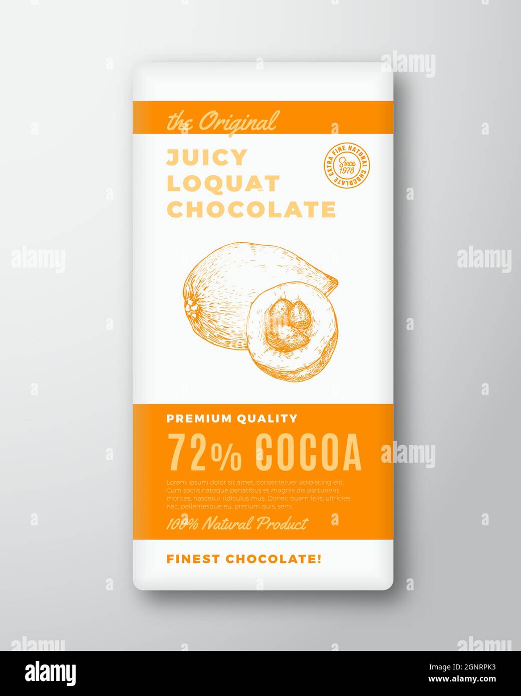 The Original Finest Chocolate Abstract Vector Packaging Design Label. Modern Typography and Hand Drawn Loquat Fruits Sketch Silhouette Background Stock Vector