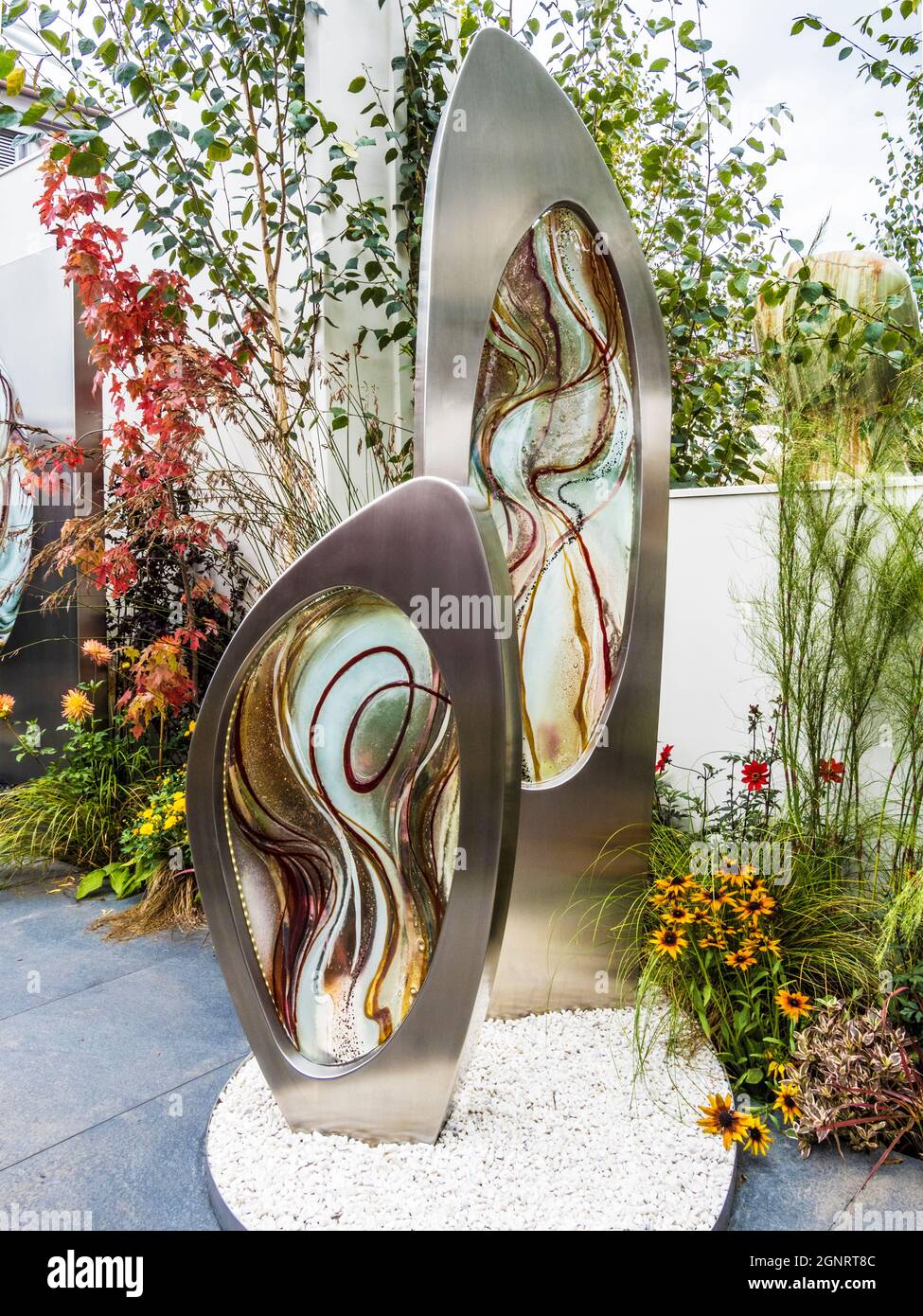 Contemporary glass garden art on display at the Chelsea Flower Show. Stock Photo