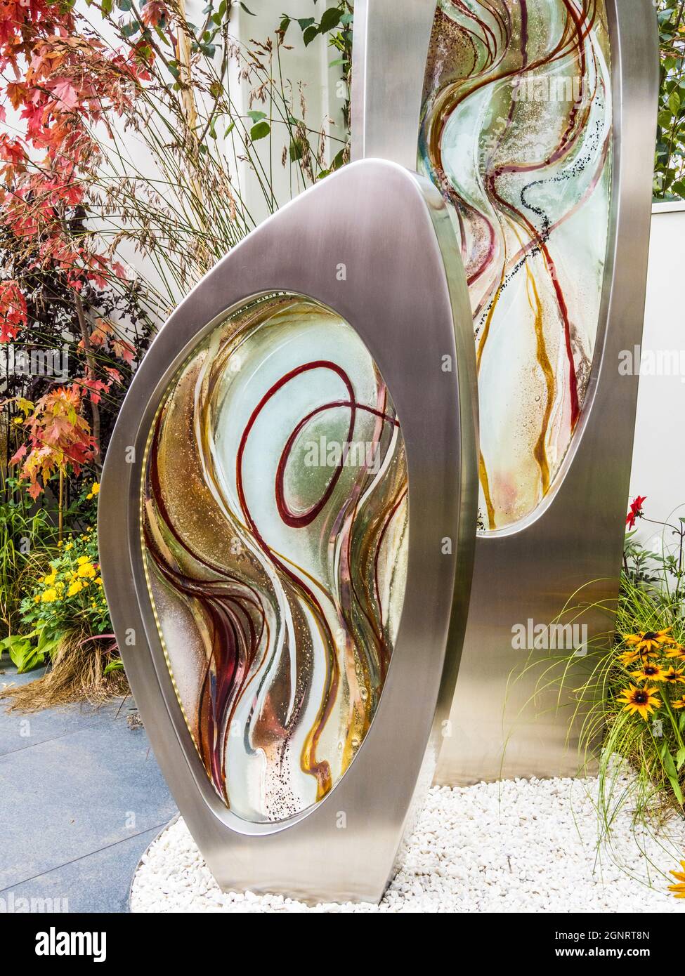 Contemporary glass garden art on display at the Chelsea Flower Show. Stock Photo