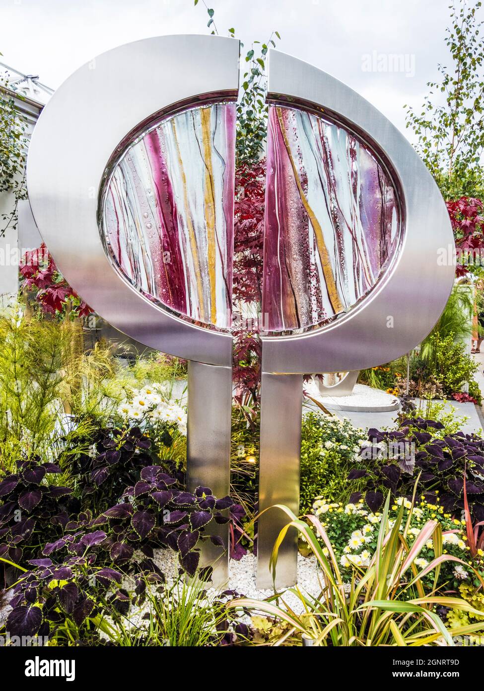 Contemporary glass garden art on display at the Chelsea Flower Show. Stock Photo