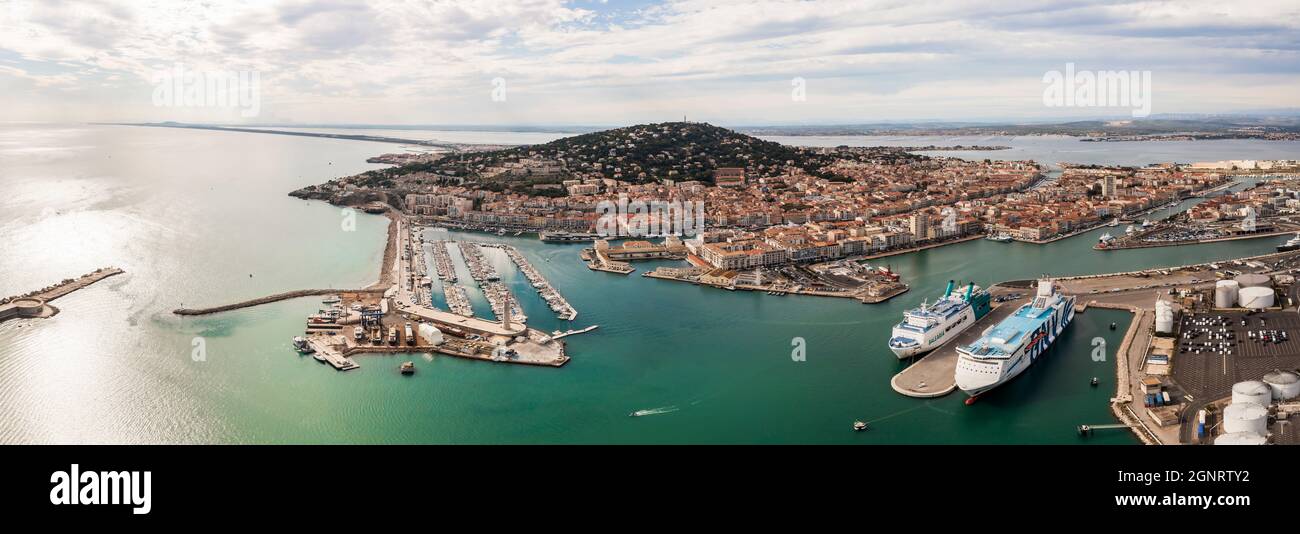 Aerial panorama of the port of Sete at sunset in Herault in Occitanie ...