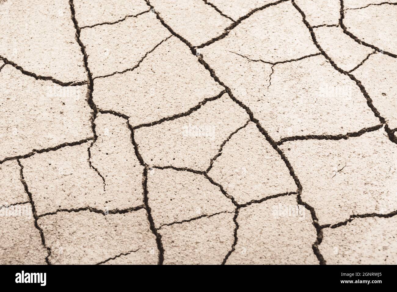 Close shot cracked dry earth. For water crisis, UK drought, parched earth, crop loss, European / US heatwave, hot summer, aridification, subsidence. Stock Photo