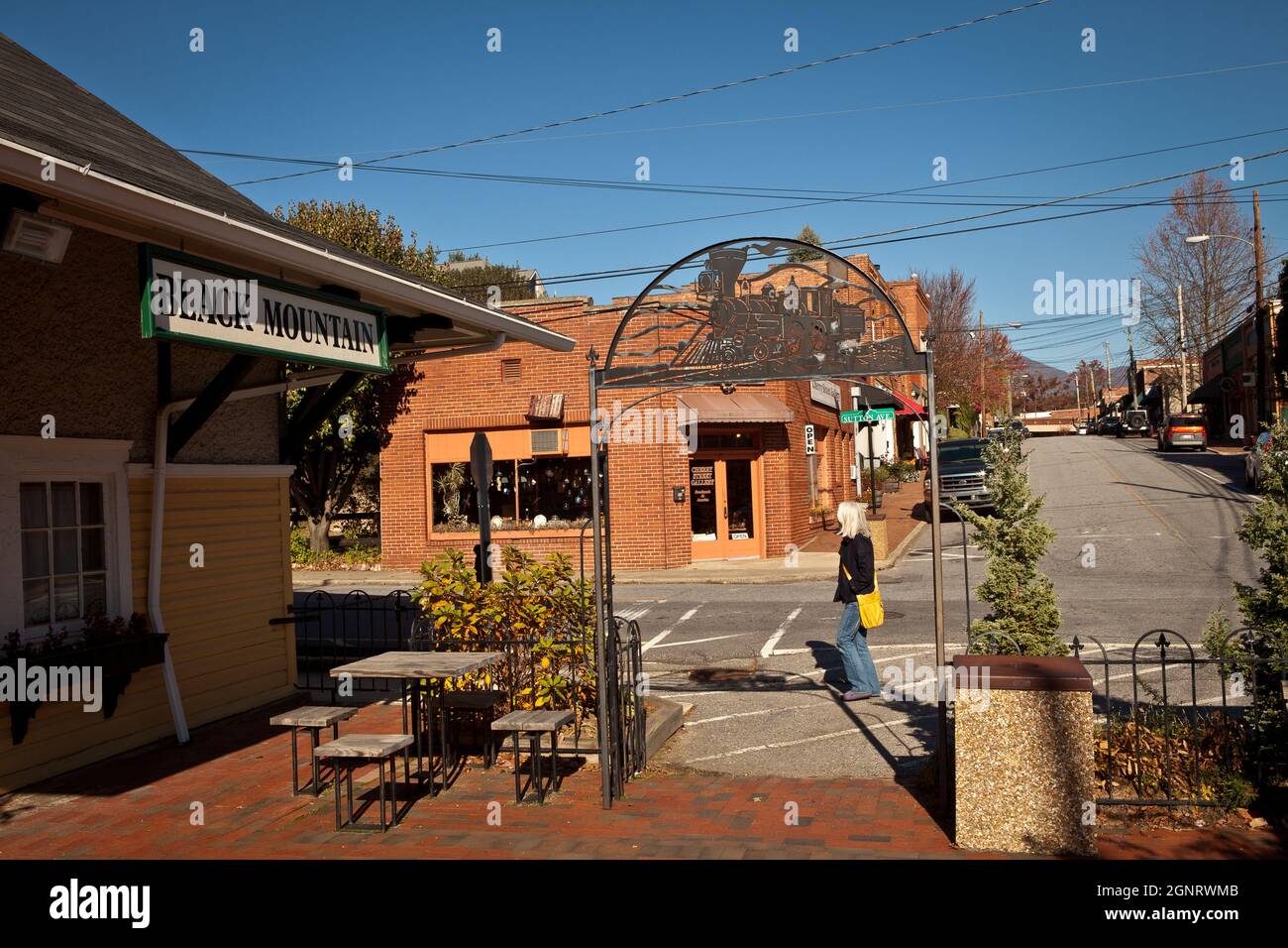 Historic train depot and view of downtown shopping district in Black