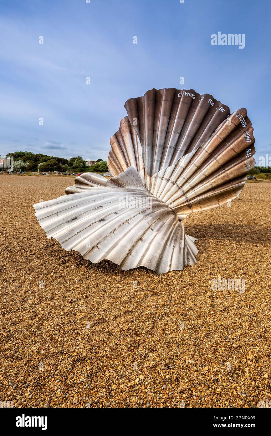 The Aldeburgh Scallop shell sculpture on the shingle beach, Suffolk, England Stock Photo