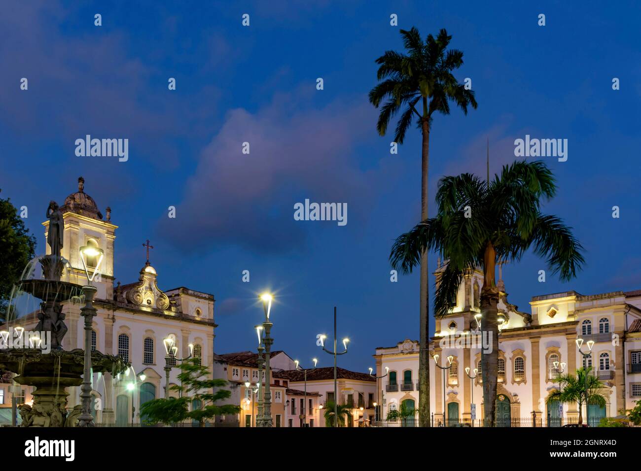 The central square of the historic Pelourinho district illuminated at night in the city of Salvador in Bahia Stock Photo
